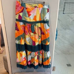 Time and Tru Multi-Color Leaf Print Maxi Skirt with Teal Lace Trim